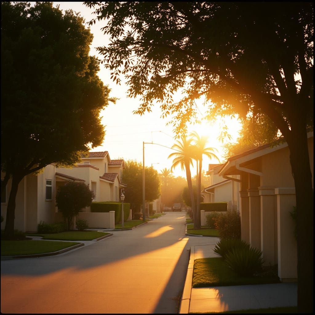 Surreal 1970s Suburban Street in Warm Cinematic Light