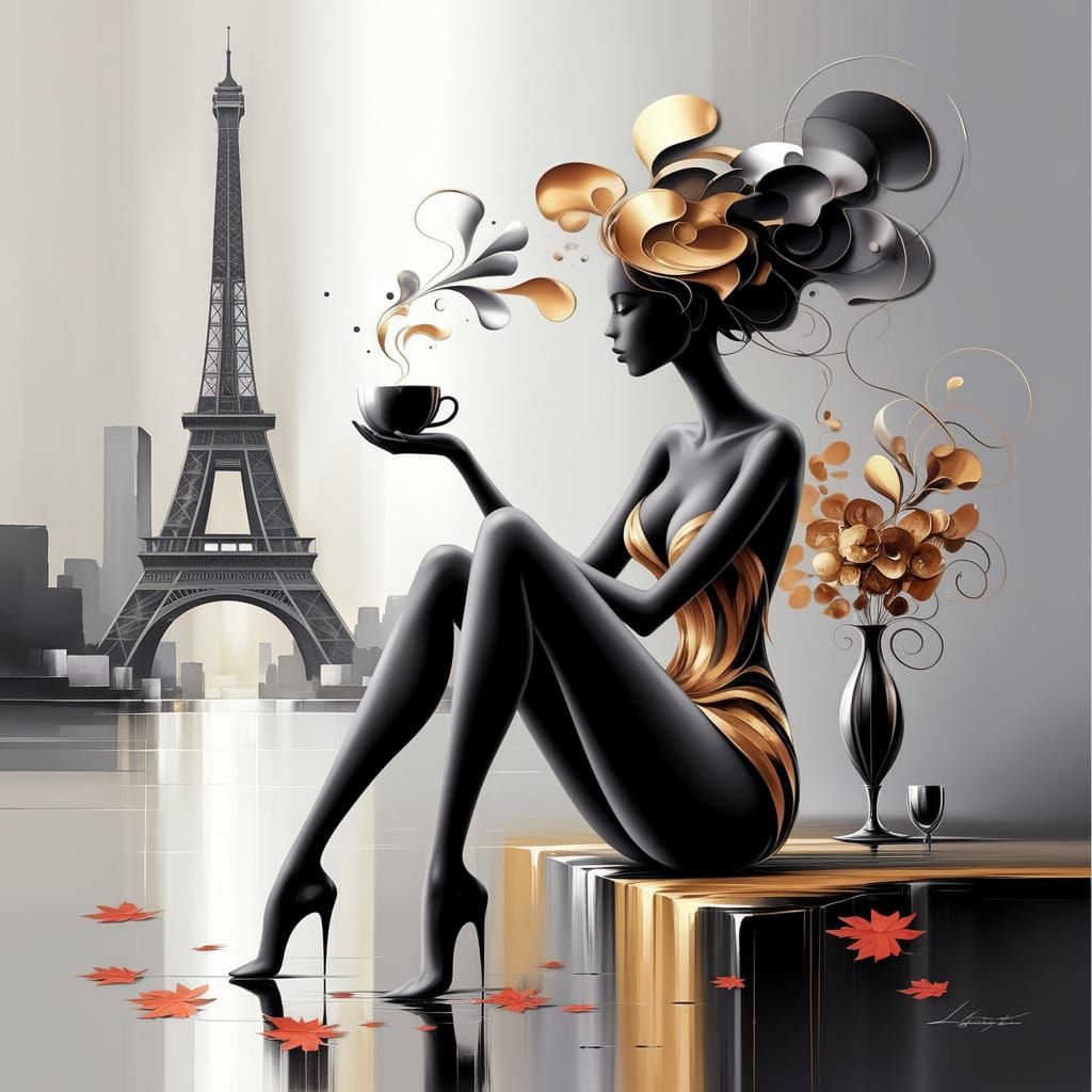 Elegant Woman Sits Near Eiffel Tower in Abstract Parisian Sc...
