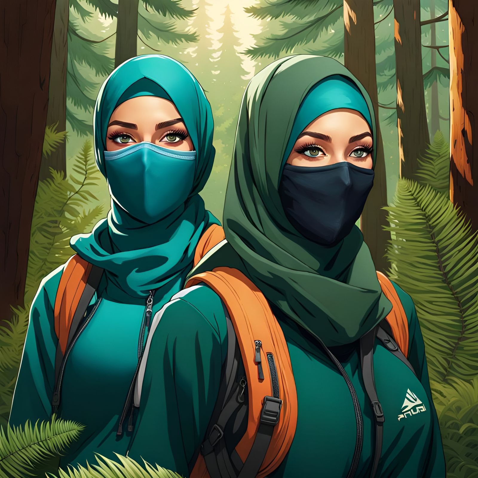 Hijabi Hikers Trek Through a Pine Forest