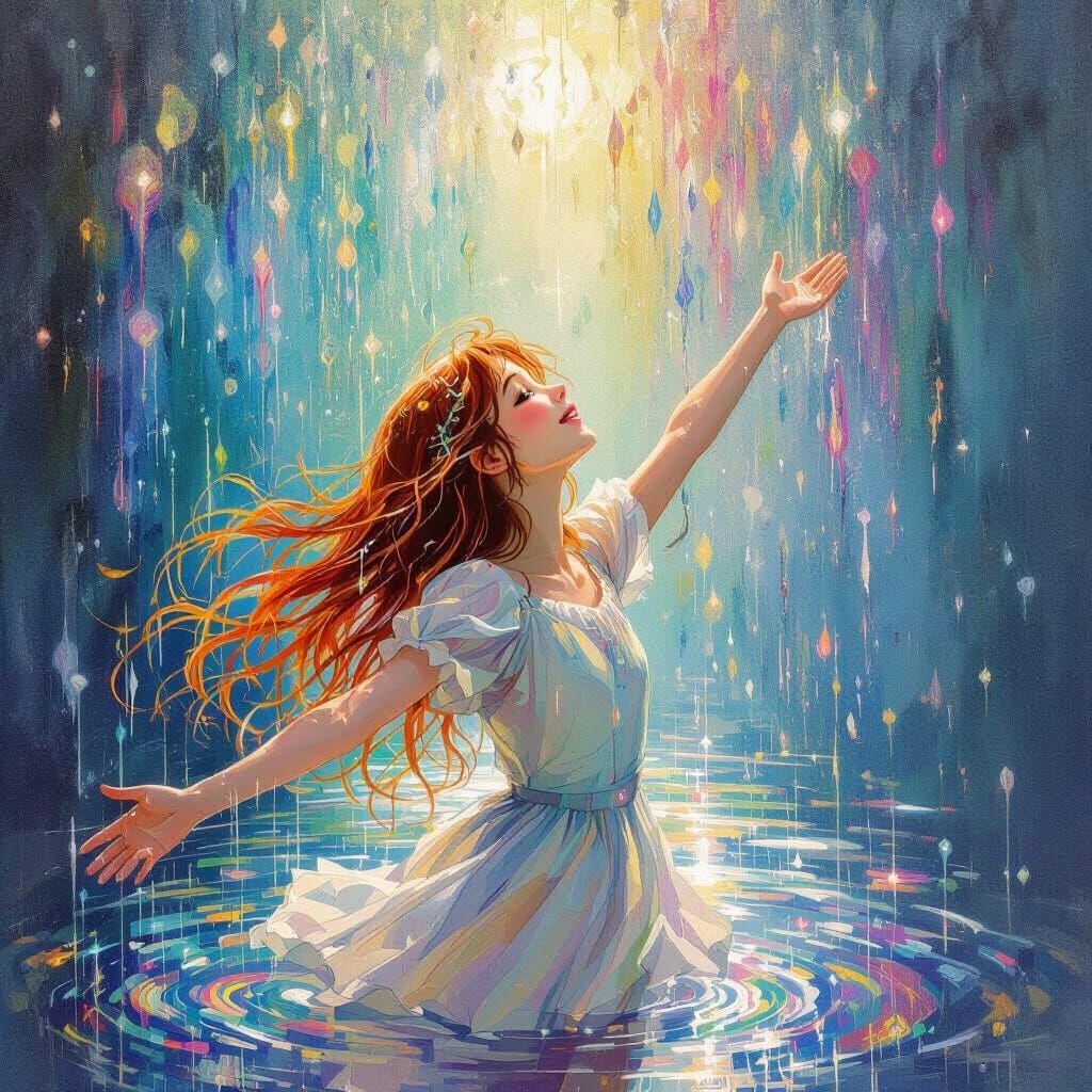 Girl in Rainbow Rain, Impressionistic Style