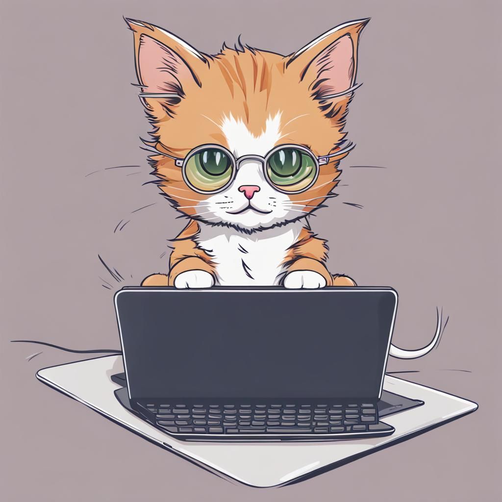 Kitten Programmer Working on Laptop