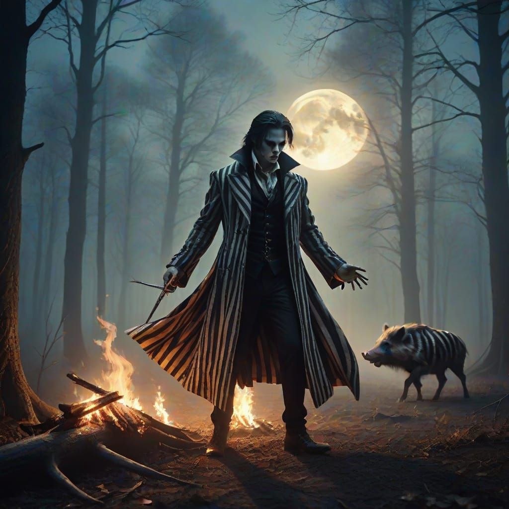 Vampire Dances with Striped Boar Under Moonlit Forest Fire