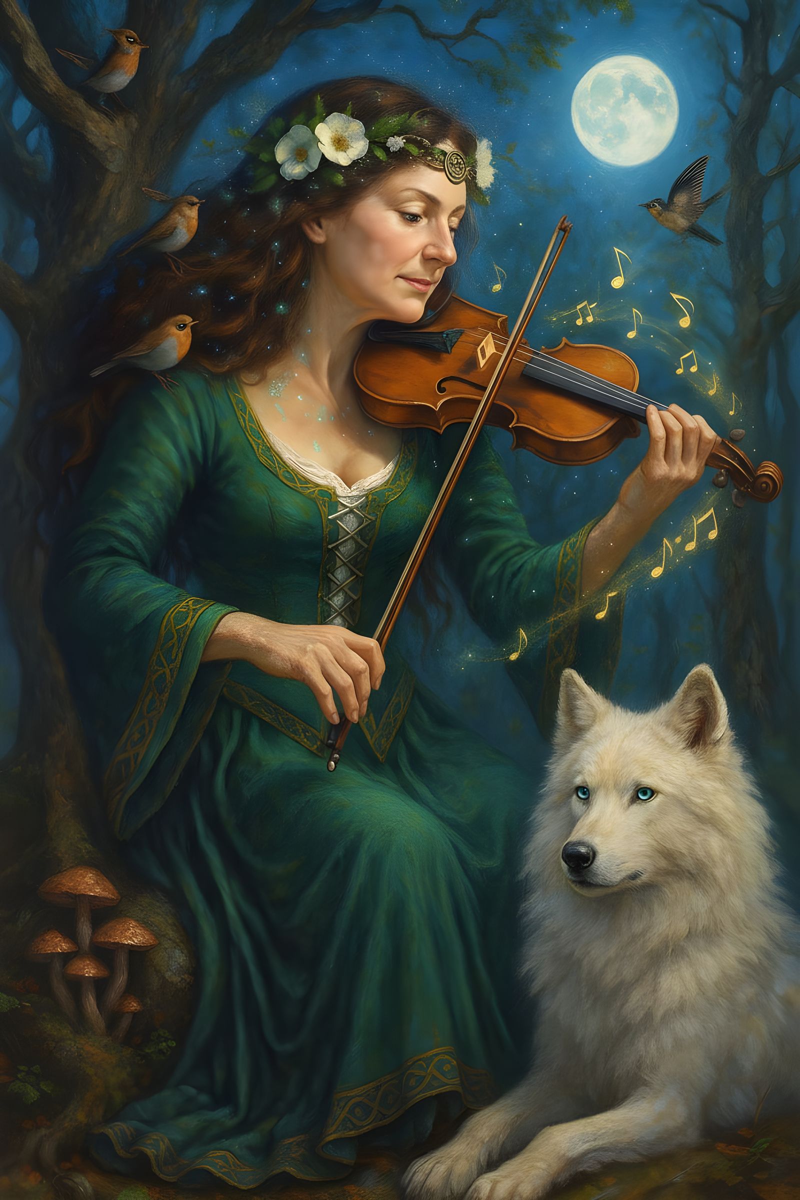 Woman Playing Violin in Enchanted Forest, Oil Painting Style