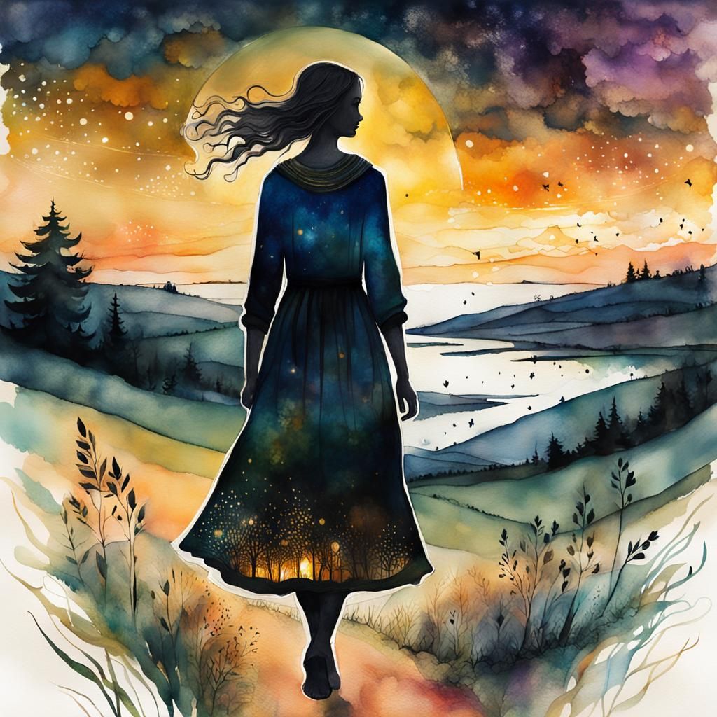 Esoteric Woman in Countryside at Twilight Illustration