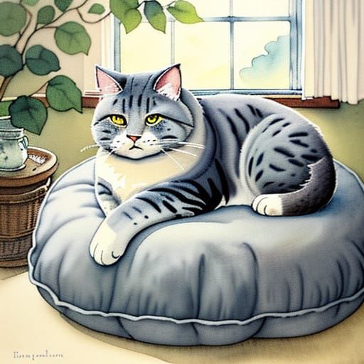 Chubby Housecat in Warm Traditional Illustration