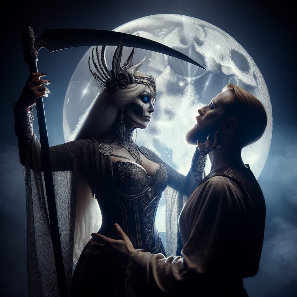 Bathed in moonlight, grave guardian
Matron of the dead, my D...