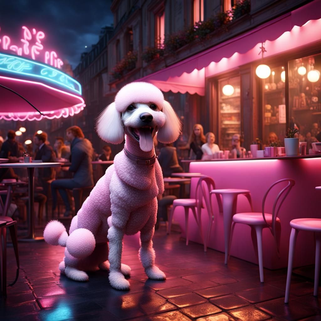Pink Poodle Dances with Labrador in Paris Cafe