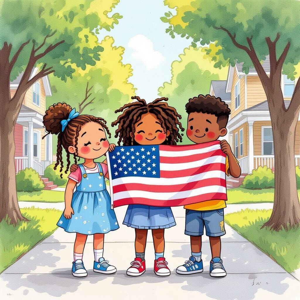 Figures with Flag: Expressive Watercolor Art