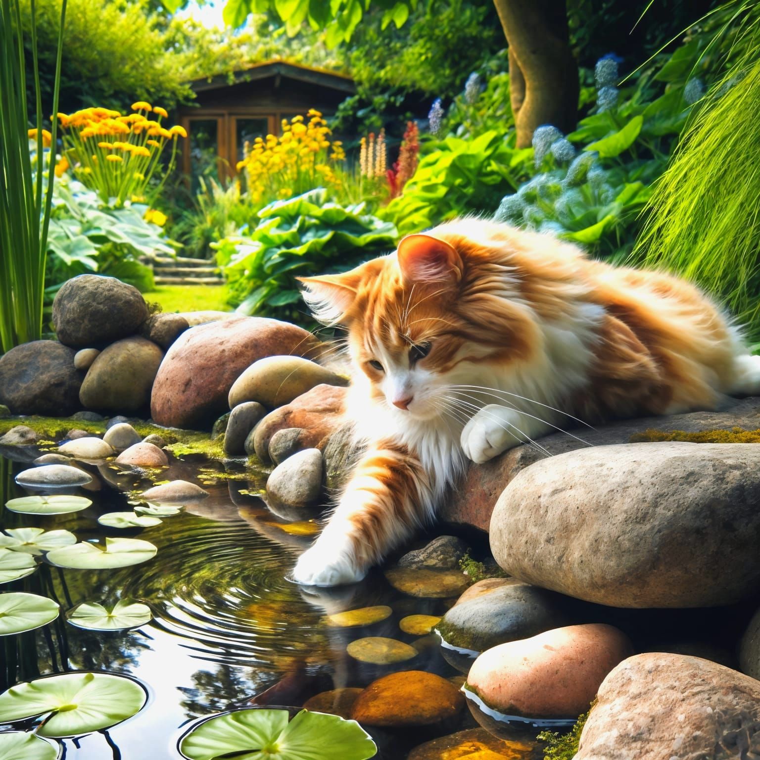 Tabby Cat Touches Pond in Sunny Garden