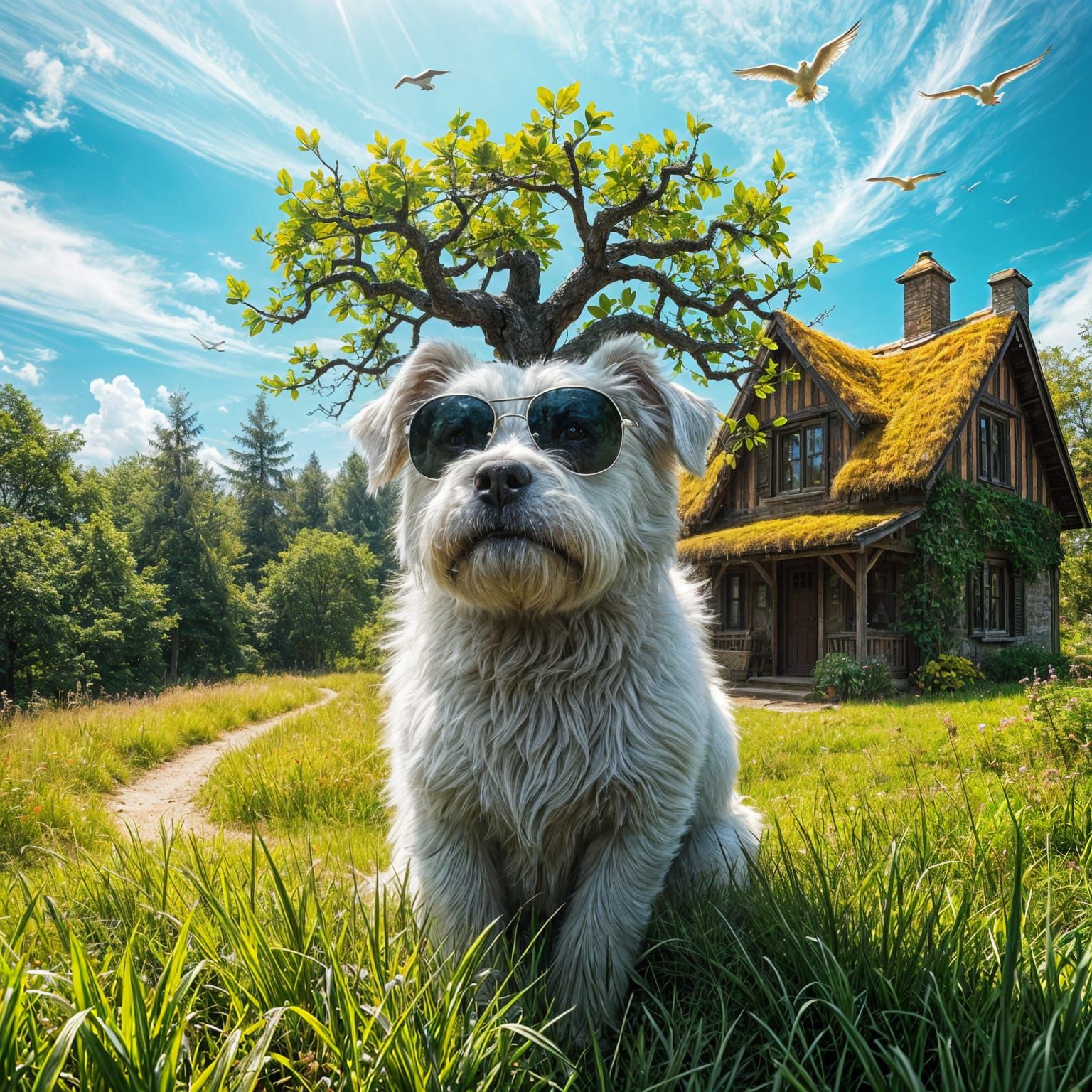 Surreal White Dog with Tree Entwined, Hyperrealistic Concept...