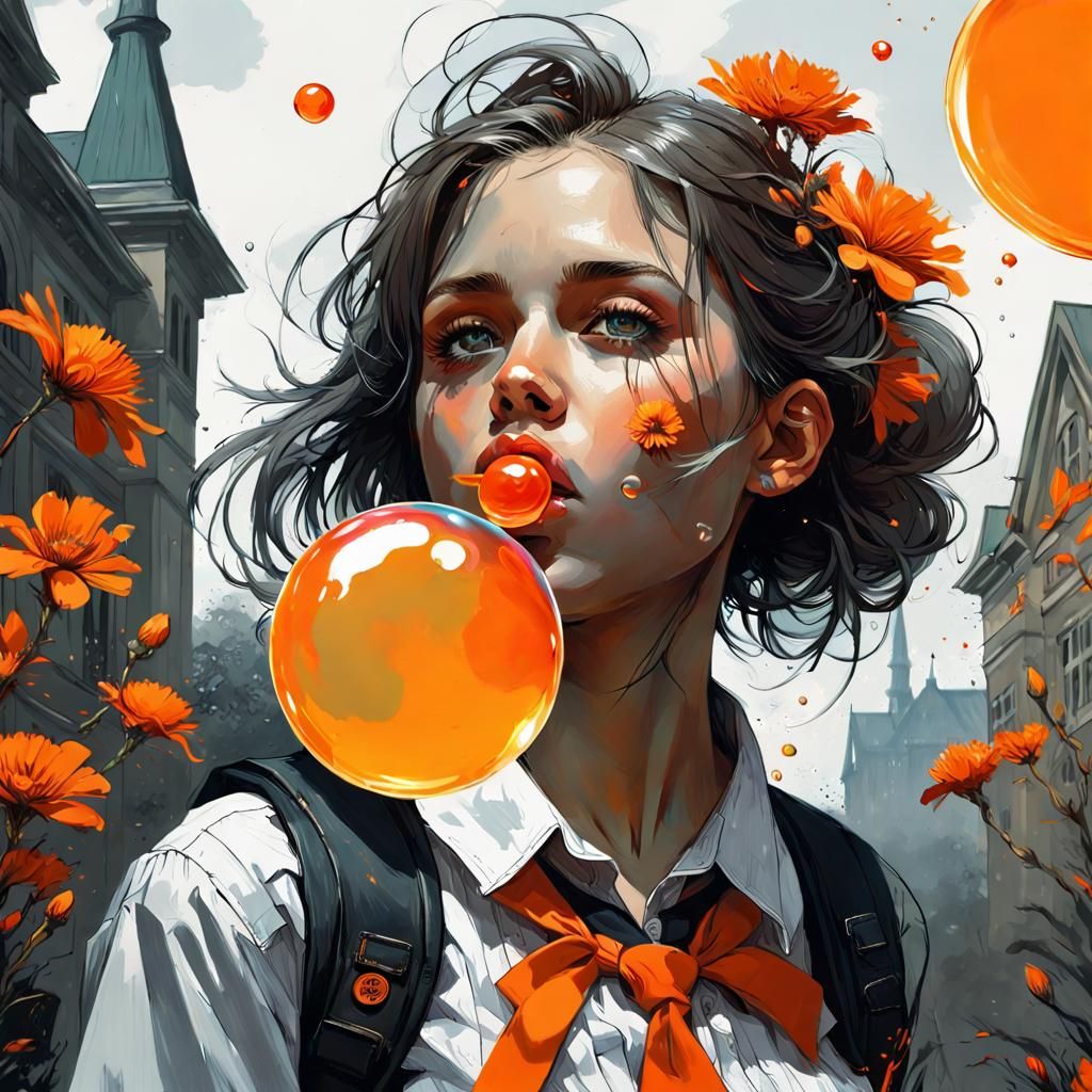 Schoolgirl with Orange Flowers Blowing Bubble, Gothic Art