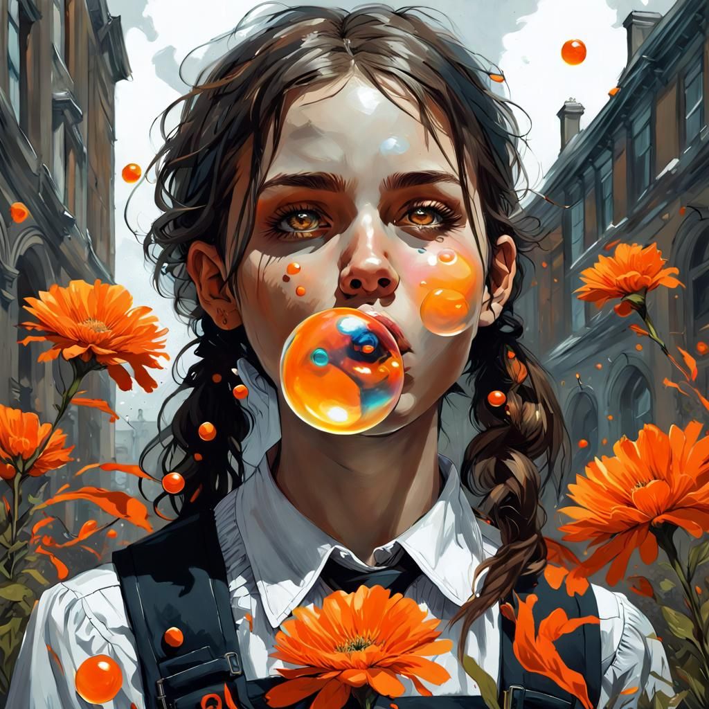 Girl with Orange Flowers Blowing Bubble, Gothic Art