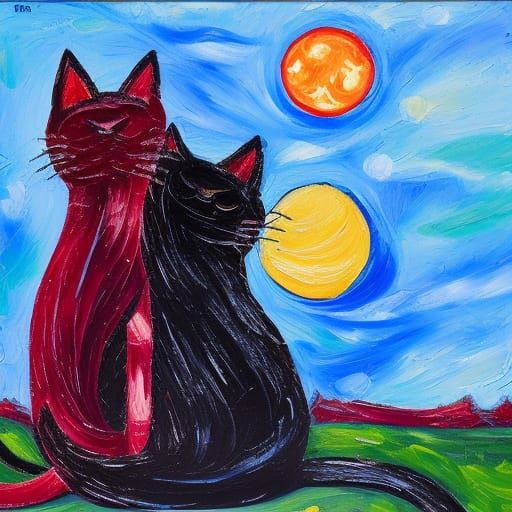 two cats looking at the moon