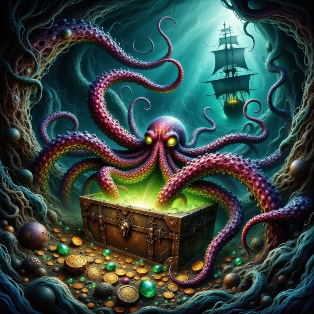 Octopus Treasure Chest in Surreal Pop Art Style