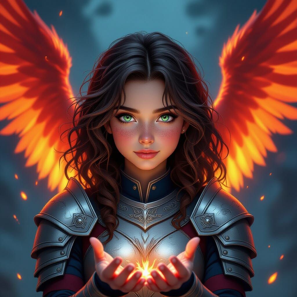 Fantasy Warrior Girl with Fiery Phoenix Wings