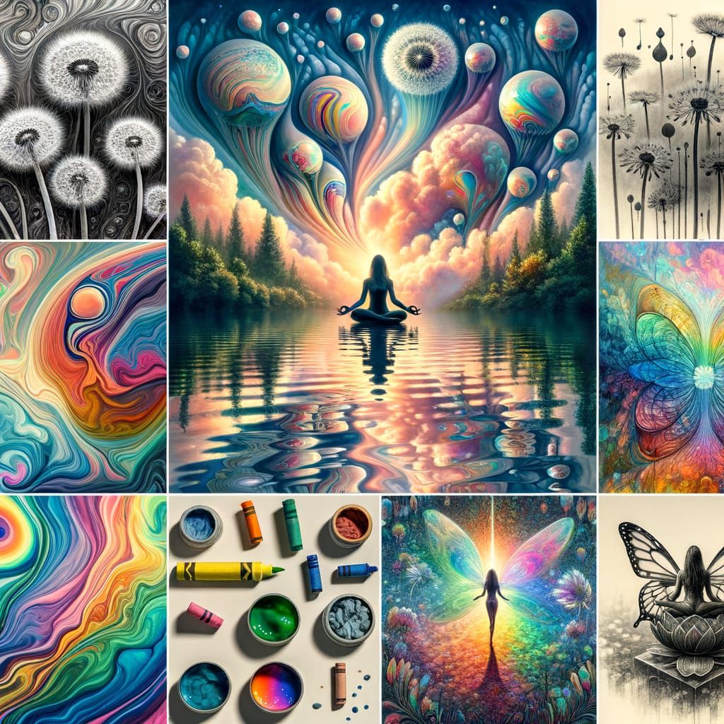 Dreamer Emerges from Vibrating Fluid Lake in Crayon Art Styl...