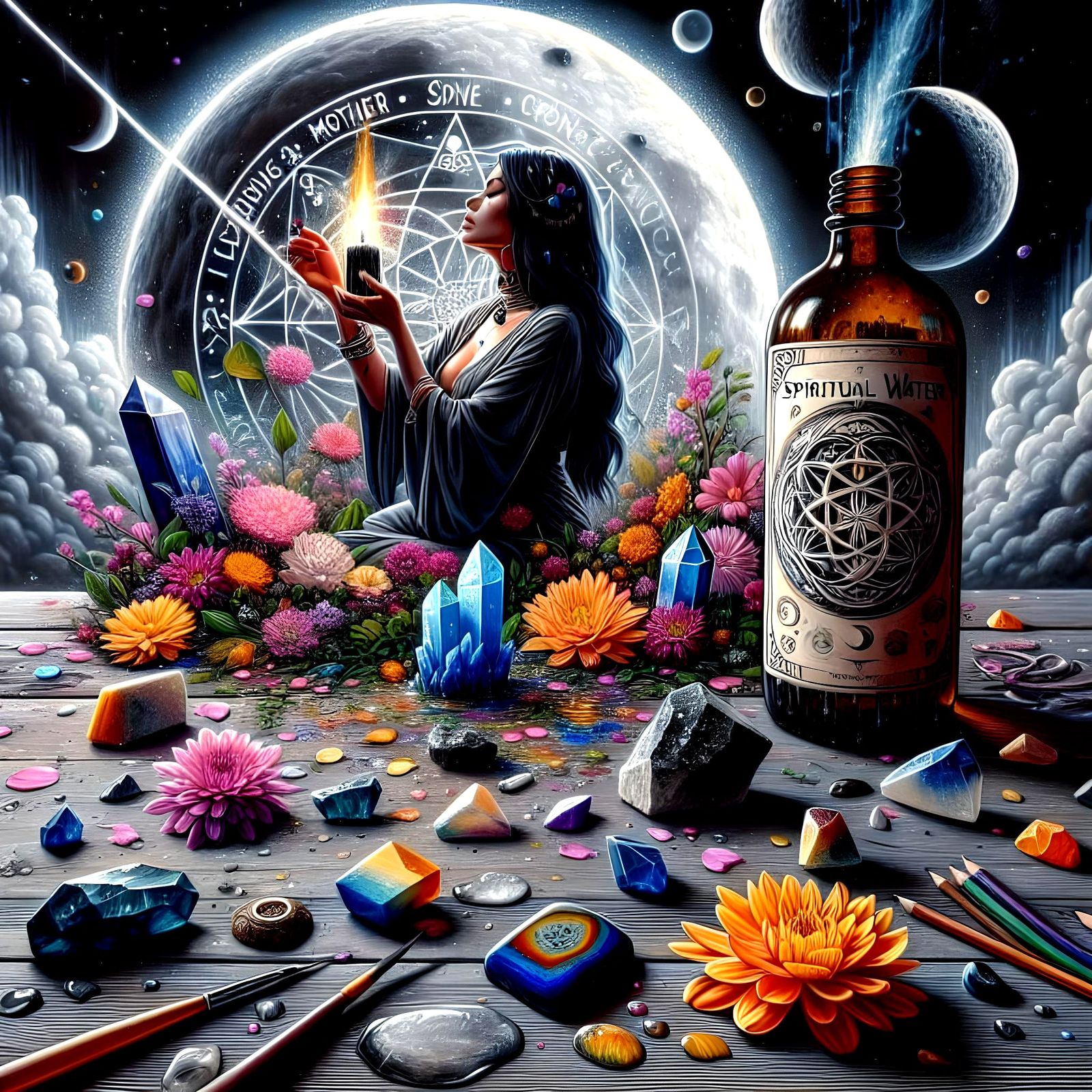 Spiritual Water Ritual Under the Moon in Graffiti Art Style