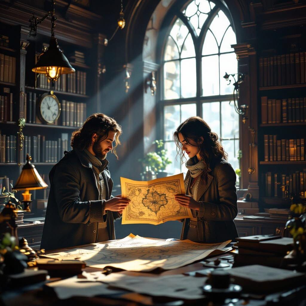 Friends Examining Ancient Map in Warm Window Light