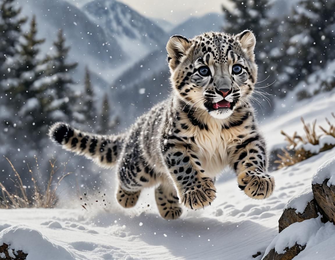 Playful Snow Leopard Cub Leaping in Snowy Mountains