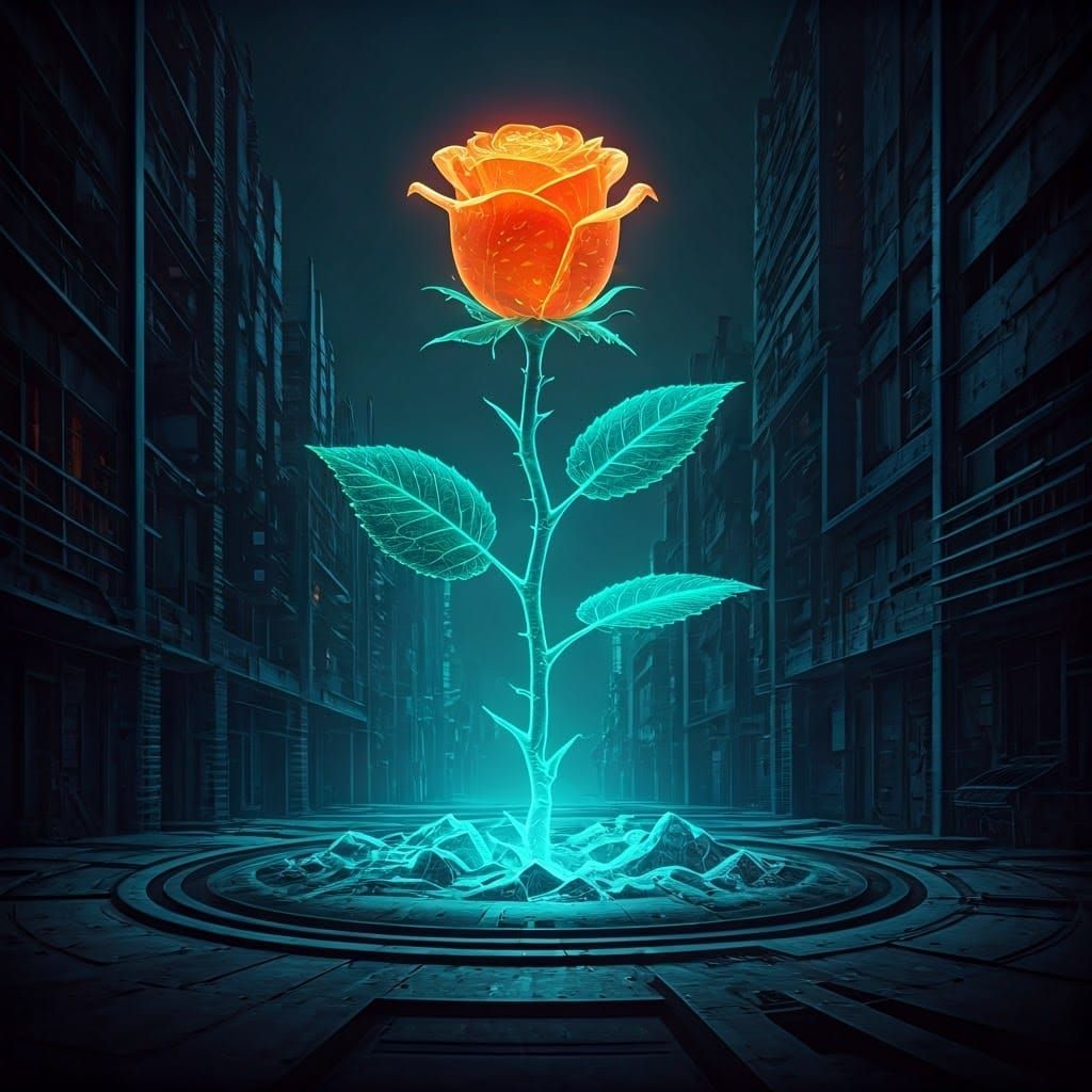 Neon Cyberpunk Rose Blossoms Amidst Urban Decay