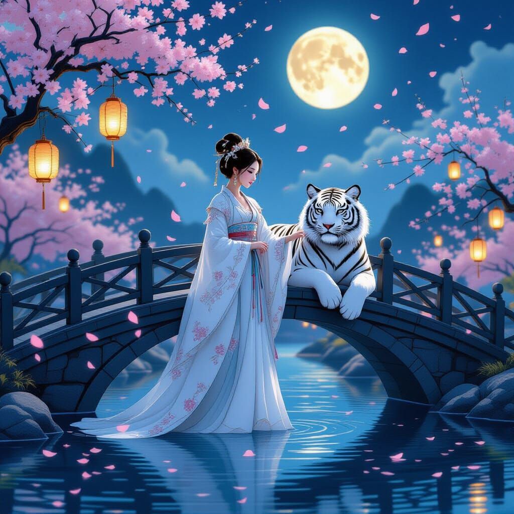 Hanfu Princess with White Tiger Under Moonlight