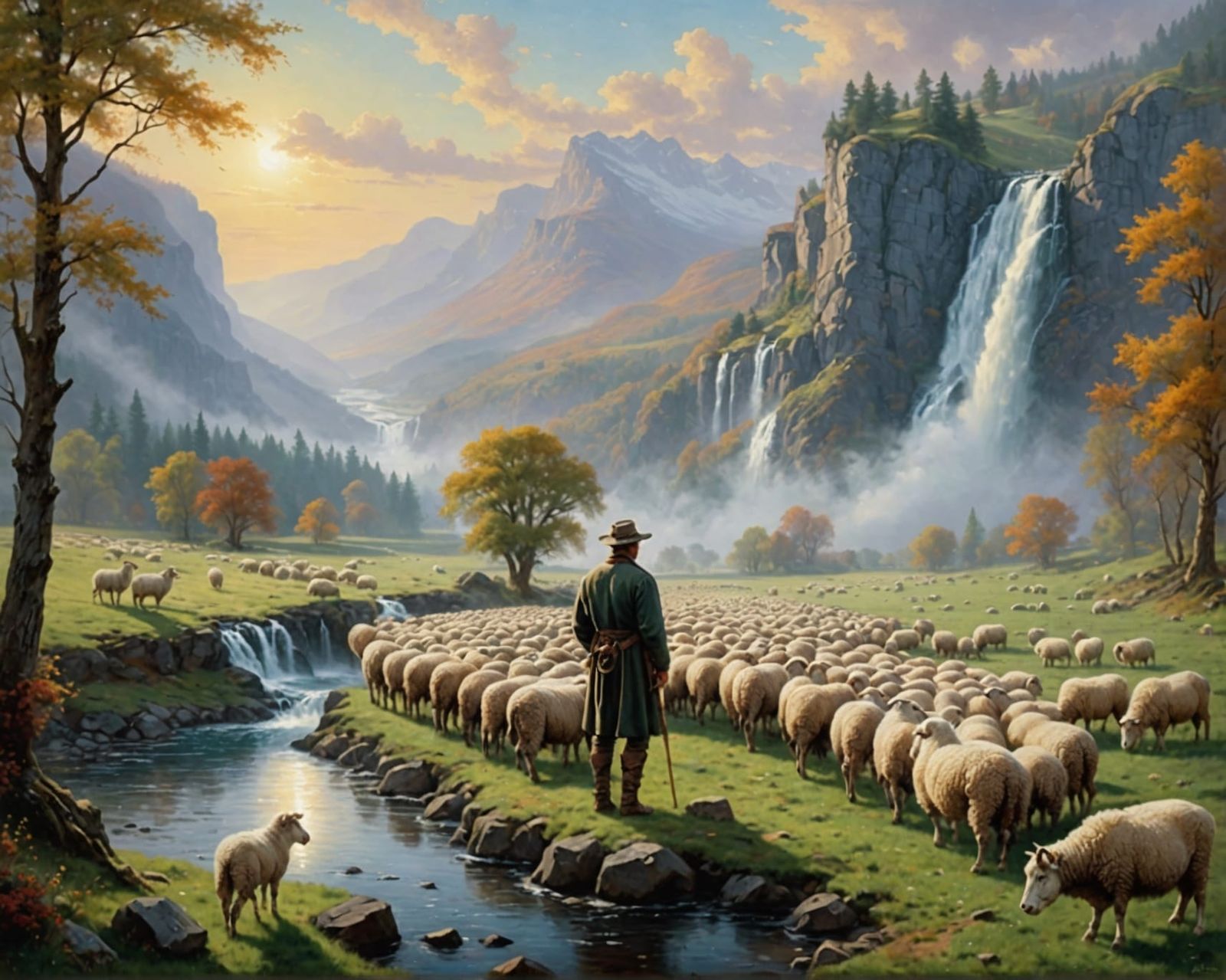 Shepherd Praying in Ethereal Landscape Oil Painting