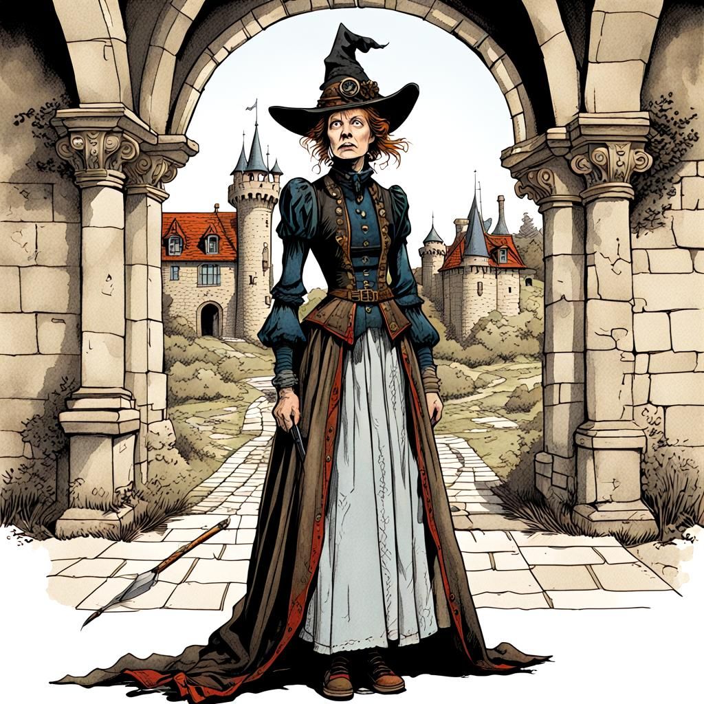 Steampunk Witch in Castle, Ligne Claire Comic Art