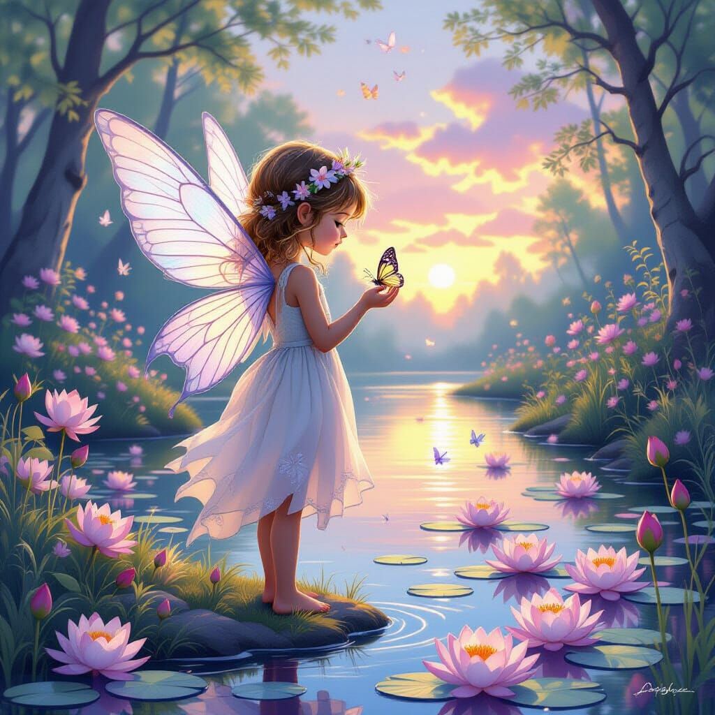 Fairy Girl in Whimsical Lotus Garden