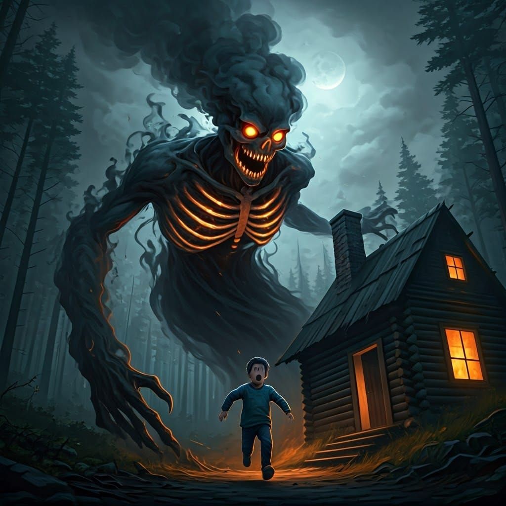 Scared Child Running from Smoke Monster in Forest