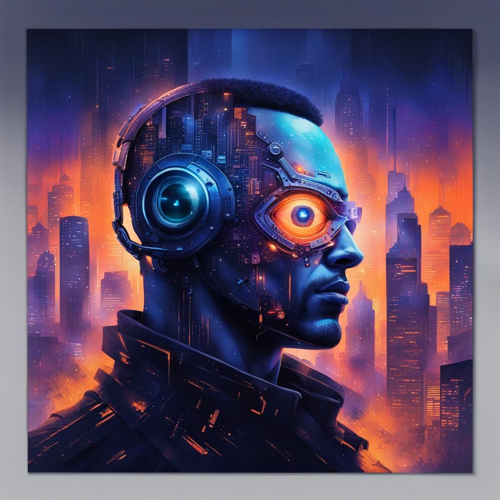 Cyberpunk Double Exposure: City in Man's Silhouette