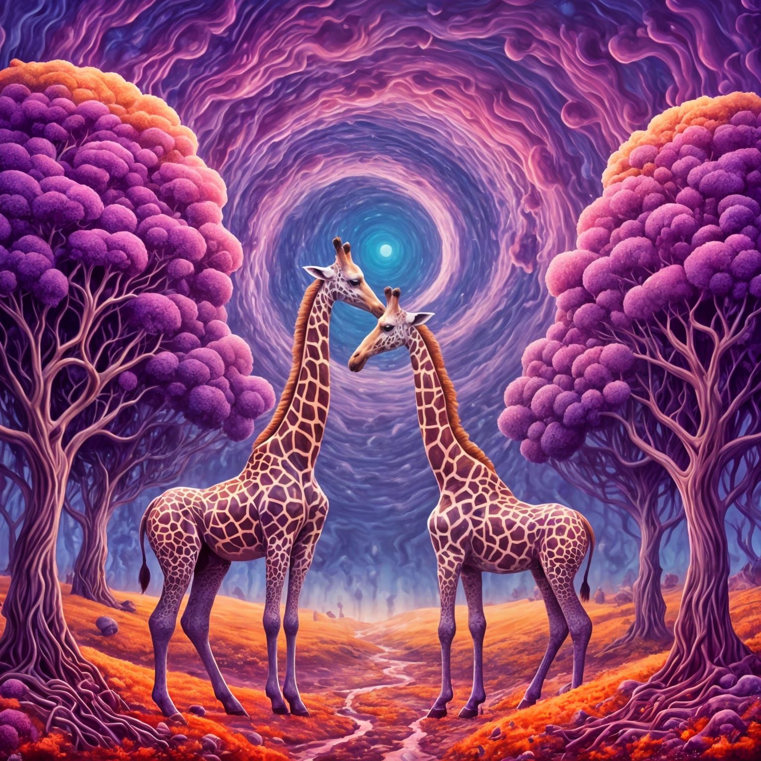Purple Giraffes in Symmetrical Surrealist Landscape