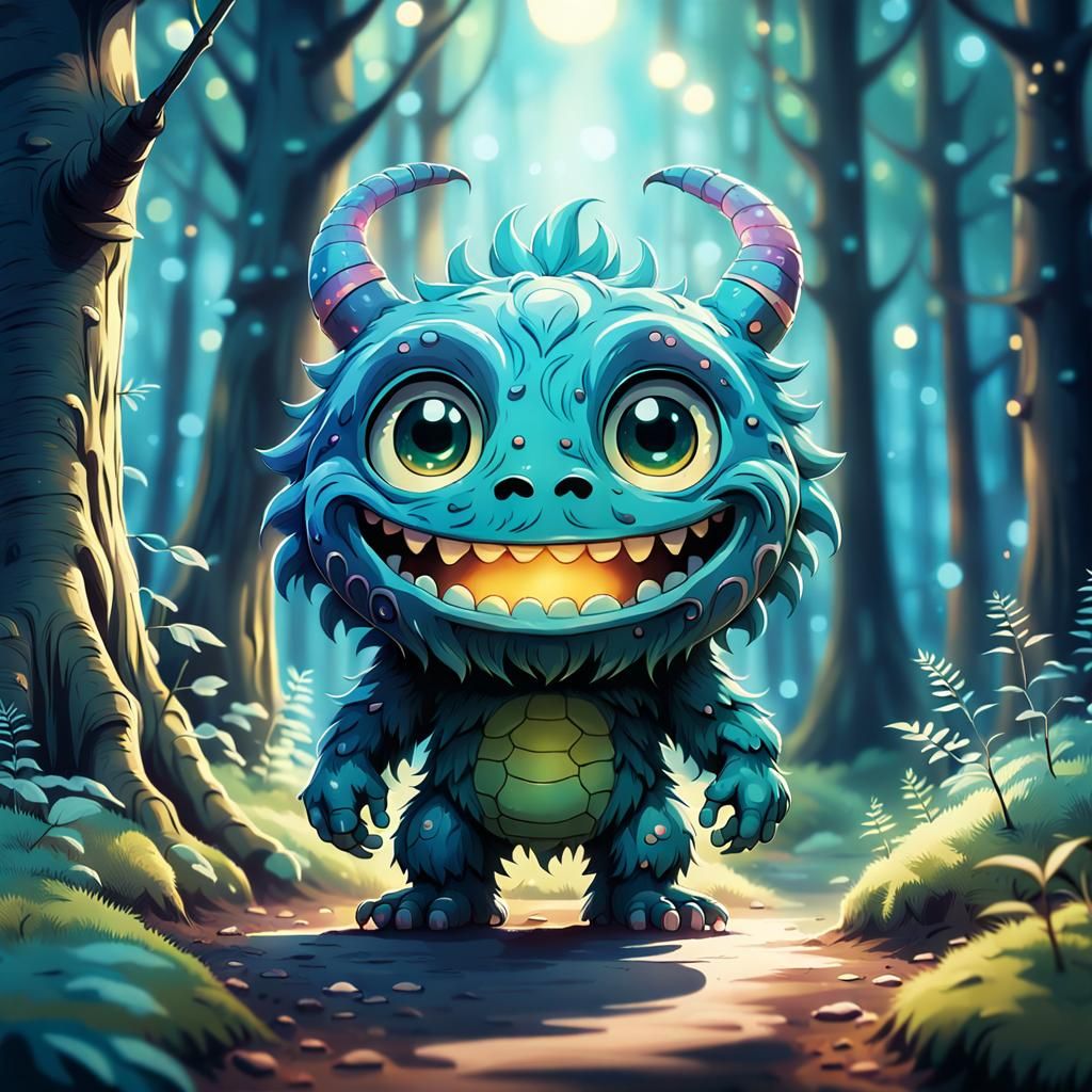 Whimsical Chibi Monster in Dreamy Forest