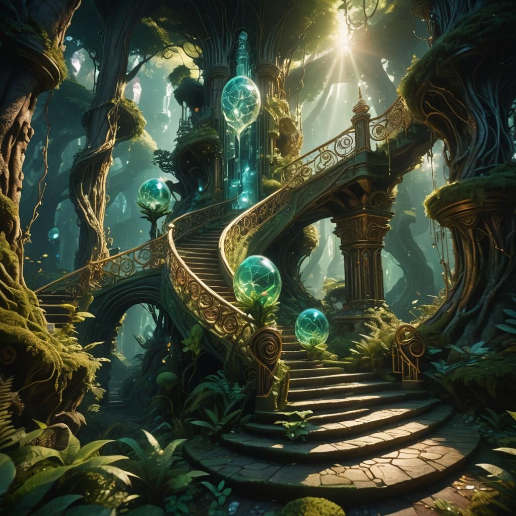 Ornate Staircase in Mystical Forest: Fantasy Concept Art