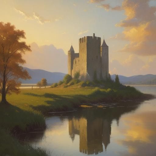 Medieval Tower on Lake at Sunset as Impressionist Oil Painti...