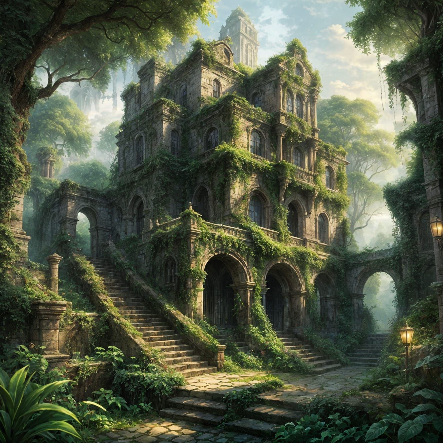 Ancient City Reclaimed by Nature in Ethereal Mist