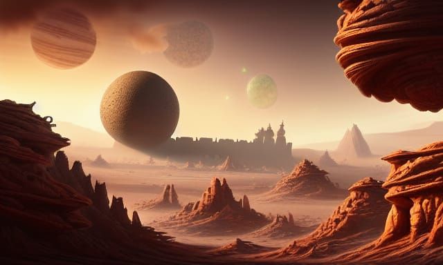 Alien Steampunk Castles on Desert Planet in Photorealism