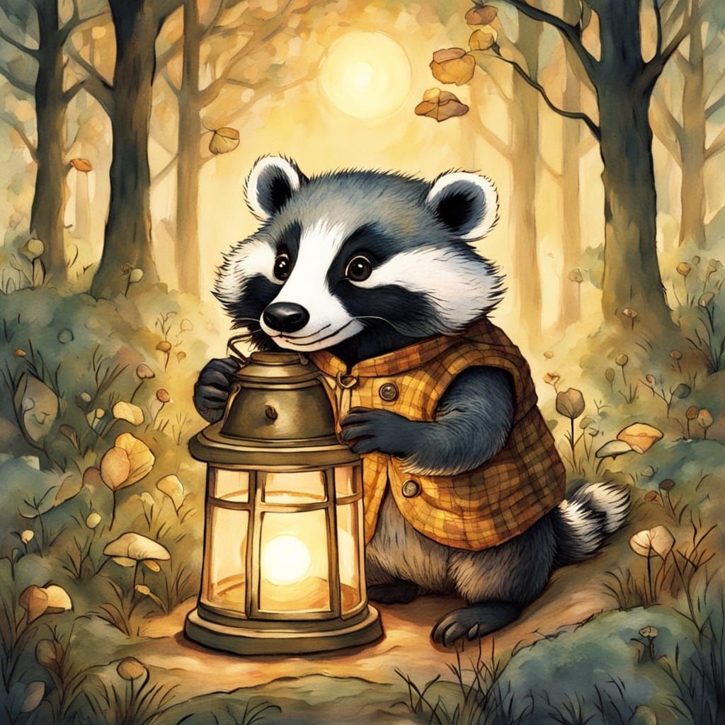 Whimsical Watercolor Badger Discovers Glowing Mushroom in En...