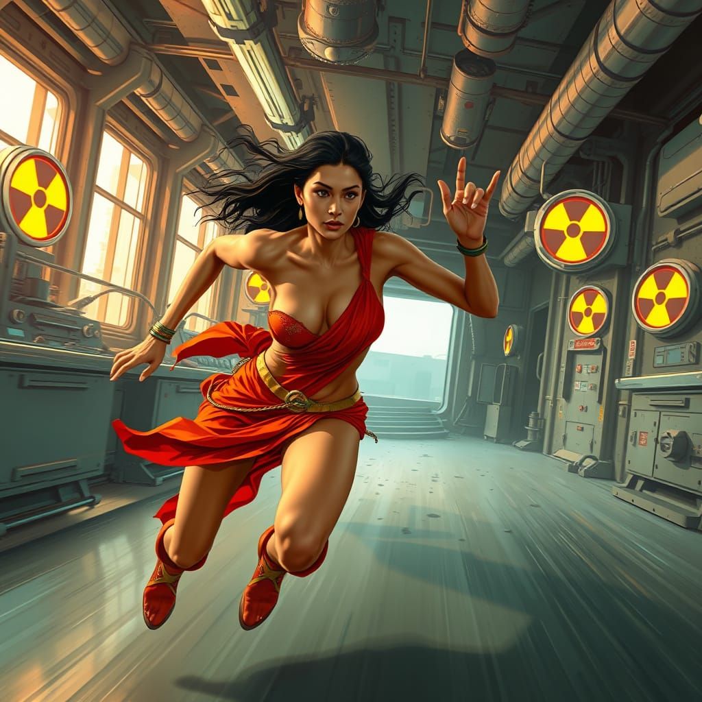 Woman in Red: Futuristic Industrial Sprint