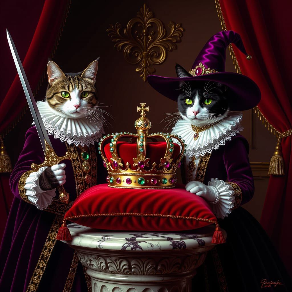 Surreal Cat Musketeer and Witch with Royal Crown