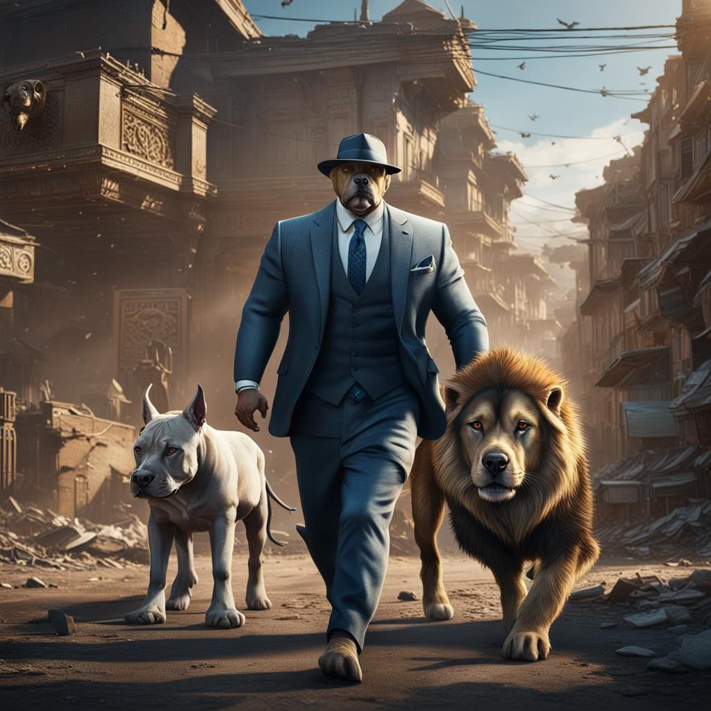 Gangster Pitbull Walking with Lion and Donkey