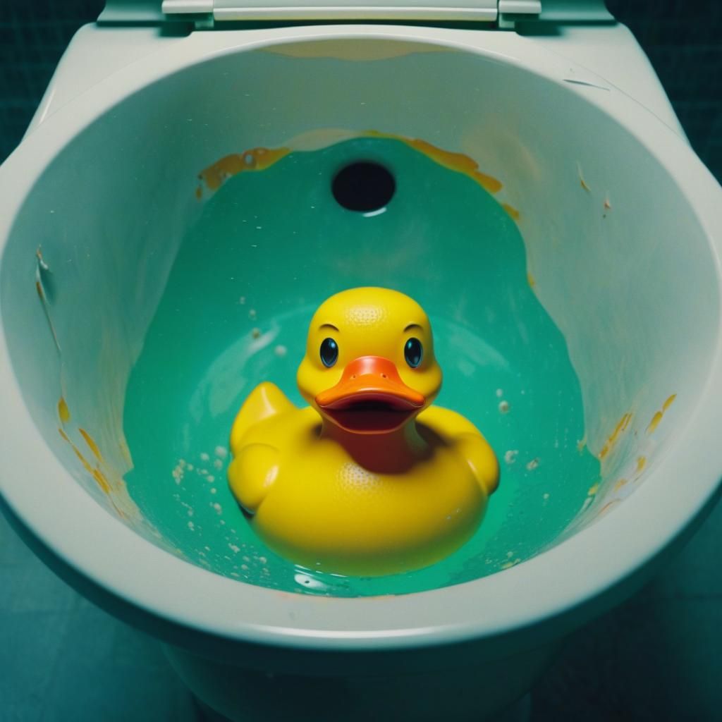 Mad Rubber Duck in Toilet Bowl: Cinematic Still
