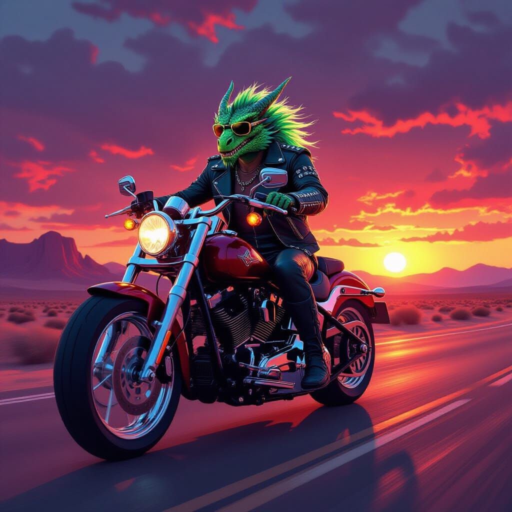 Dragon Rider on Chrome Motorcycle at Desert Dusk