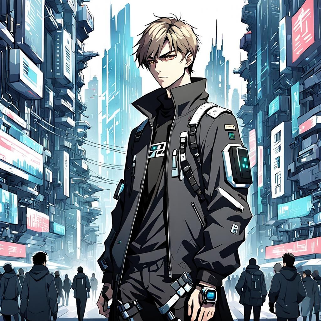 Anime Russian Boy in Cybernetic Dystopian Utopia