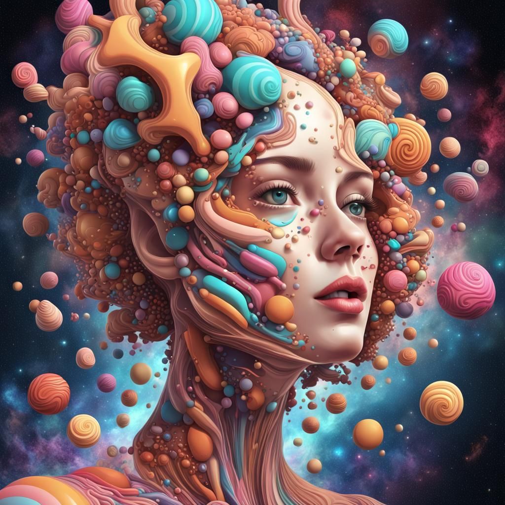 Fragmented Woman Head in Space, Candy Art Style