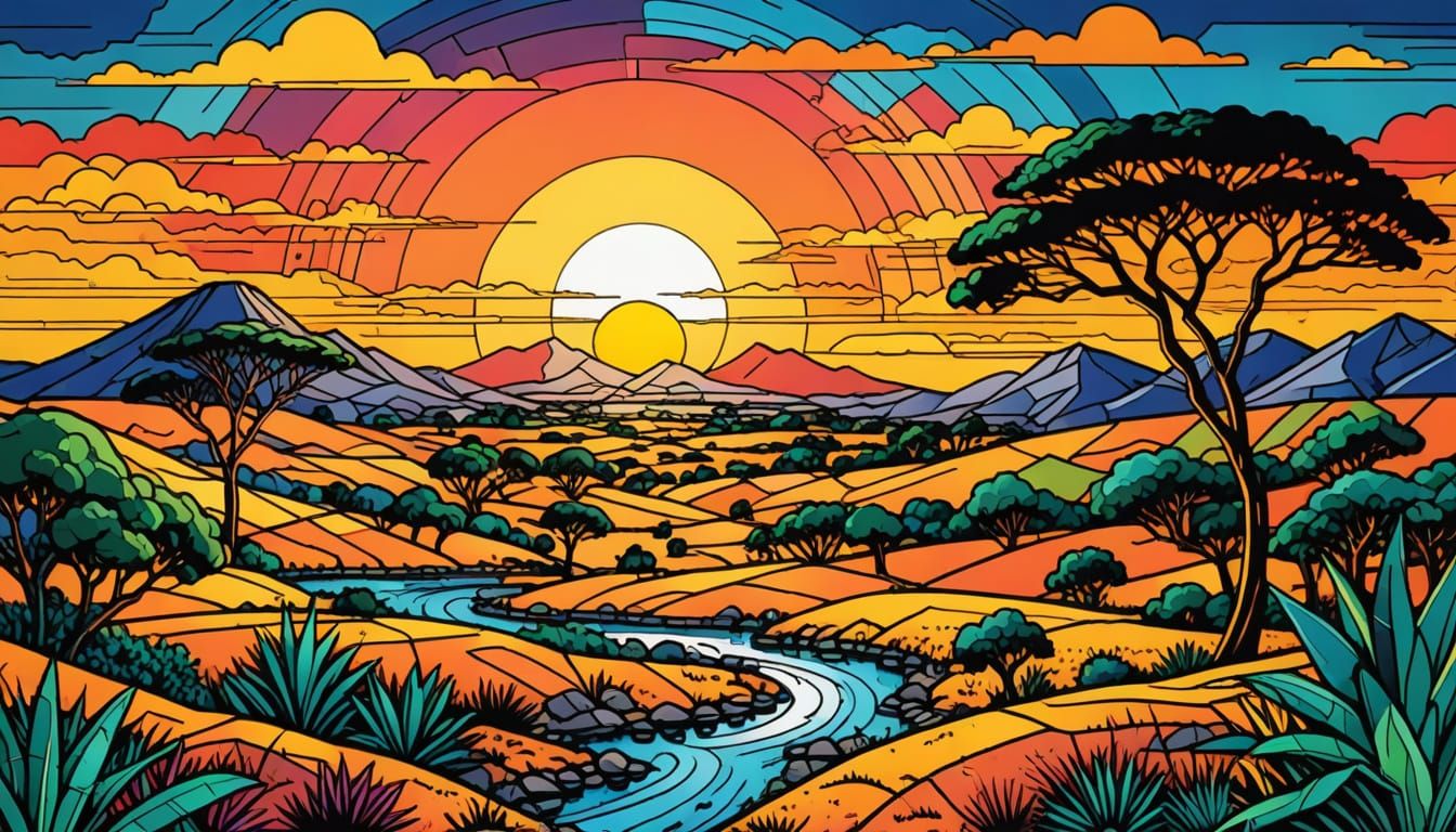 Vibrant African Sunset in Pop Art Style