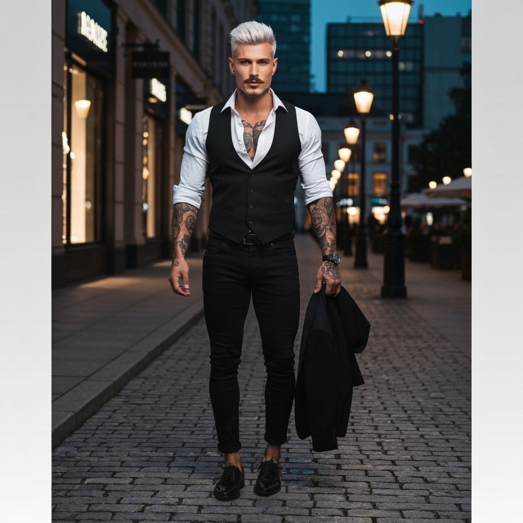 Confident Man with Tattoos in Slim Fit Clothes