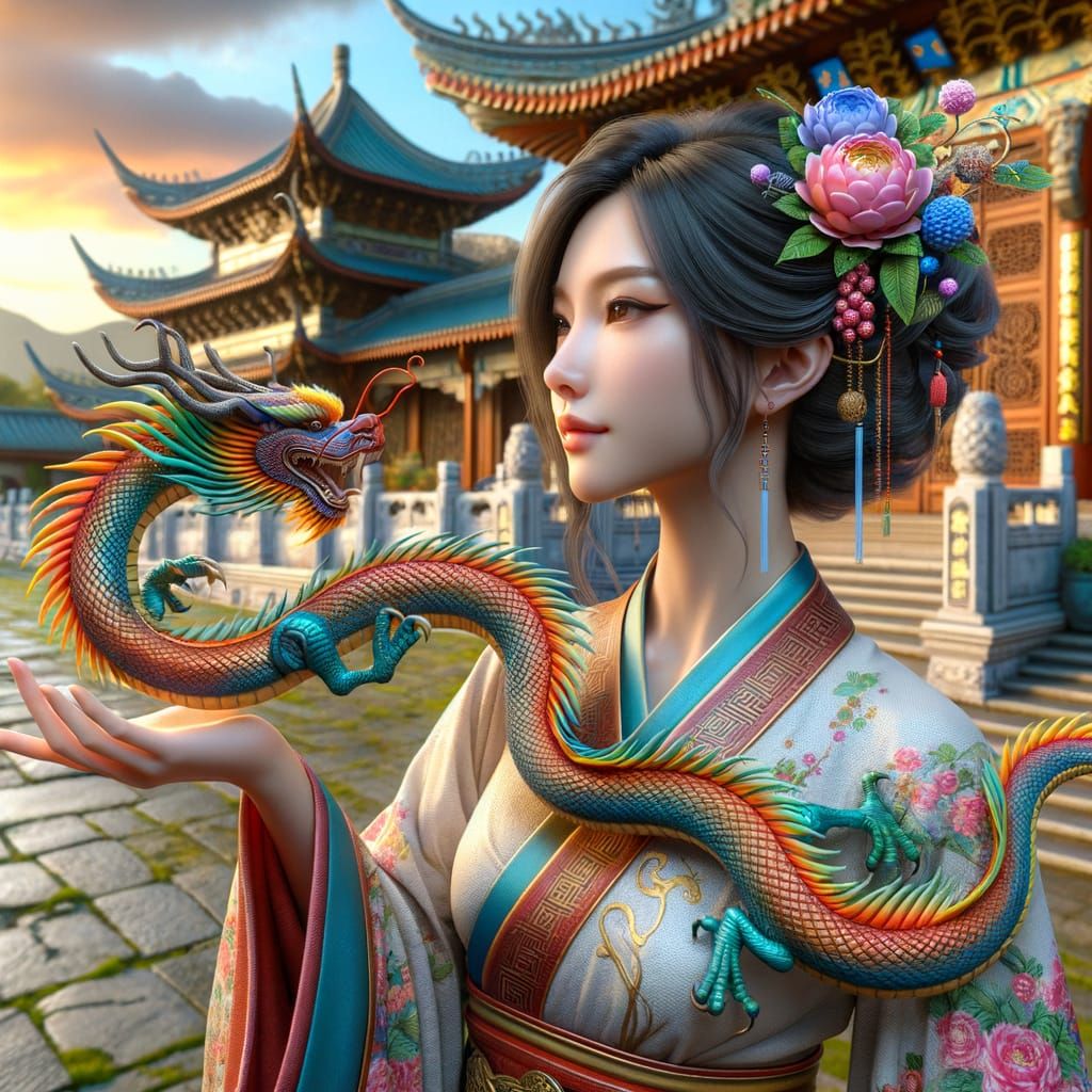 East Asian Woman Enchants Majestic Dragon in Traditional Chi...