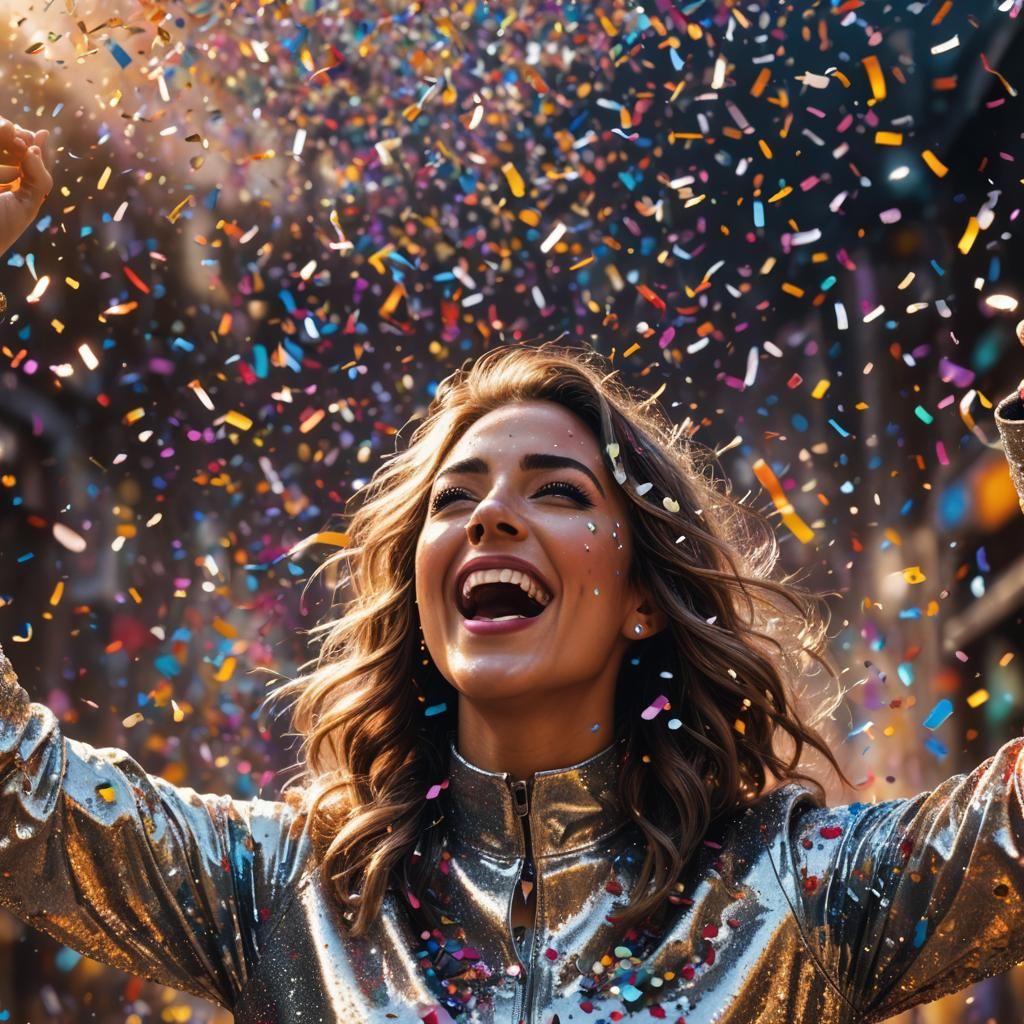 Ecstatic Woman in Confetti: Hyperrealistic Splash Art