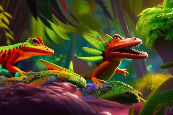 Colorful Fantasy Lizards  in a Fantasy Forest