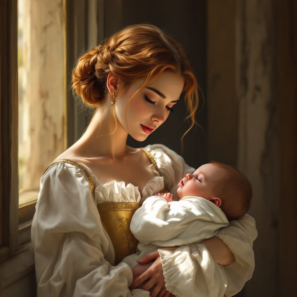Renaissance Princess Cradles Baby in Warm Window Light